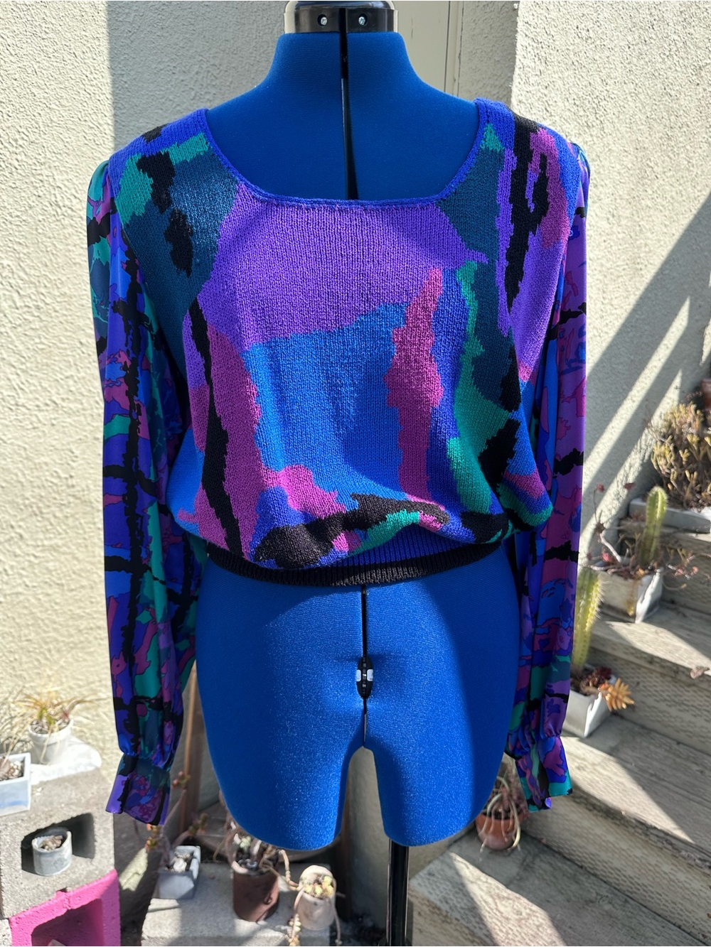 Vintage Knit and Satin Abstract-Print Long Sleeve Blouse in Purple and Blue